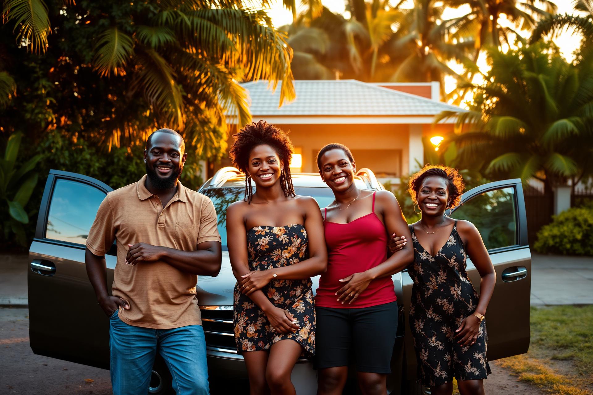 Jamaican family in front of their home and vehicle